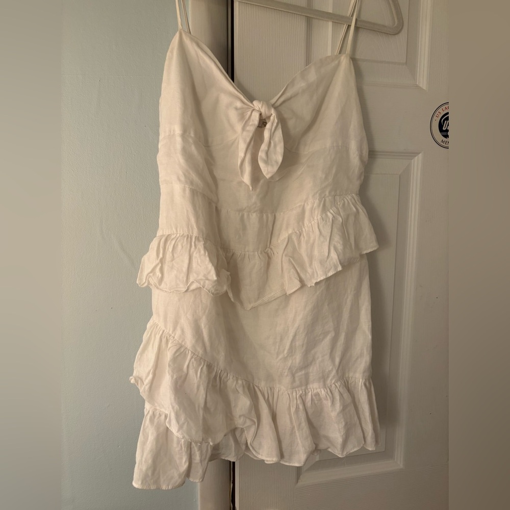 Olivaceous White Linen Ruffle Dress